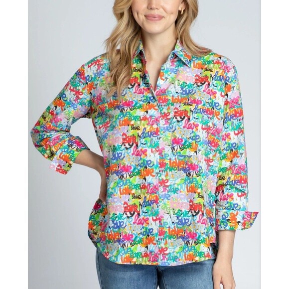 APNY Grafitti Love Print-Boyfriend Button Up Shirt-NWT-Cotton-Streetwear-XS - Picture 2 of 14